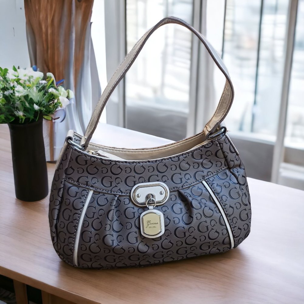 Guess Signature Monogram Shoulder Bag in Brown and Gold